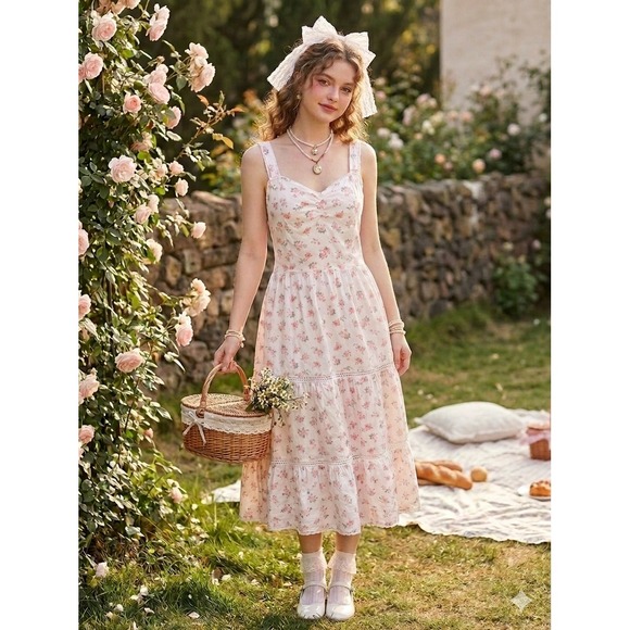 Celebrity Pink Dresses & Skirts - Pink Floral Sweetheart Lace Tiered Midi Dress L Cottagecore Coquette Fairycore